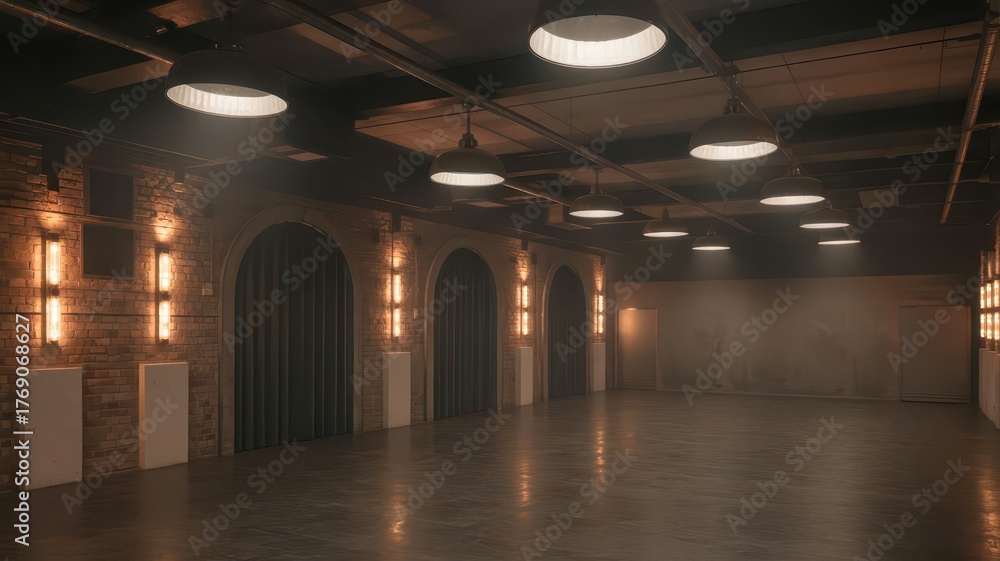 Naklejka premium Empty industrial style room with brick walls arched doorways and pendant lights interior space