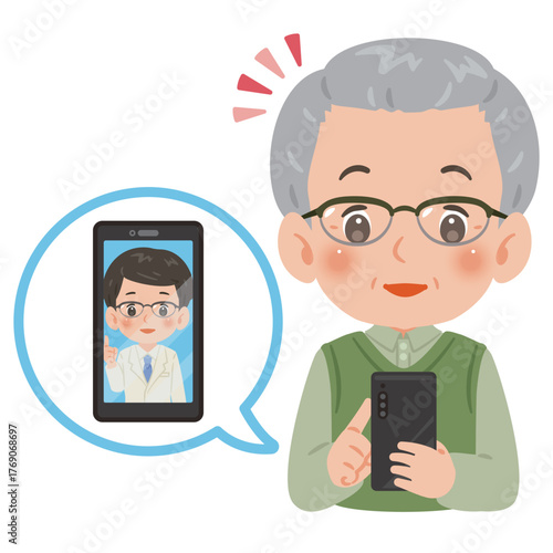 スマートフォンでオンライン診療を受けるシニア男性　上半身イラスト／Upper Body Illustration of Senior Man Receiving Online Medical Consultation on Smartphone