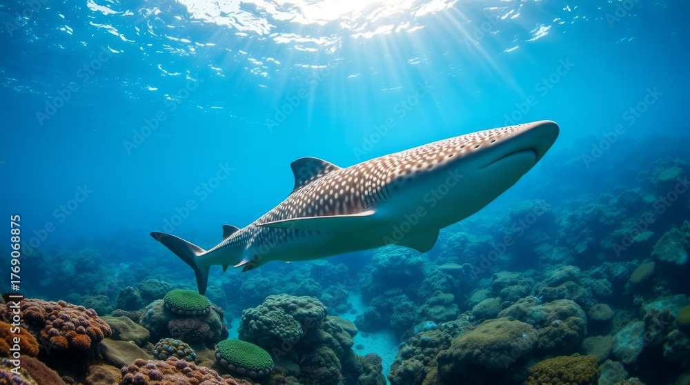 Fototapeta premium Oceanic Majesty: A whale shark gracefully glides through the clear, turquoise water, its majestic form illuminated by the sun's rays, showcasing the beauty of the underwater world.