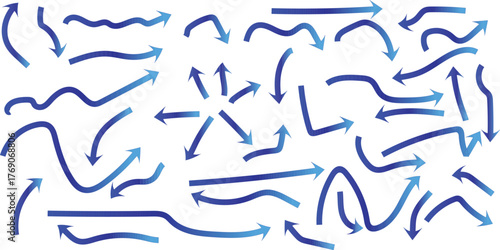 Blue Arrow Vector Set: Hand-Drawn Directional Arrows, Wavy, Curved, Straight, and Circular Shapes for Graphic Design and Navigation Elements