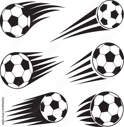 Six black and white soccer balls in motion with speed lines football sport