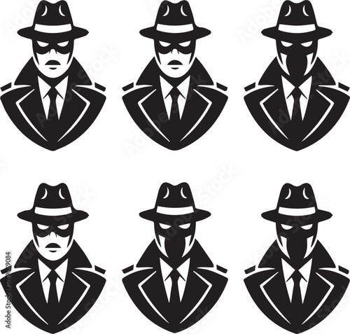 Six black and white graphic icons of men in fedora hats and trench coats male illustration