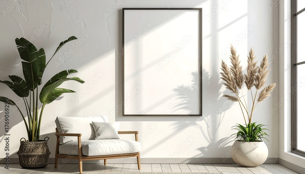 Fototapeta premium Cozy minimalist living room with a large framed picture, natural light, and potted plants