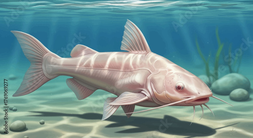 Albino Catfish Swimming in Clear Water with Sandy Bottom.