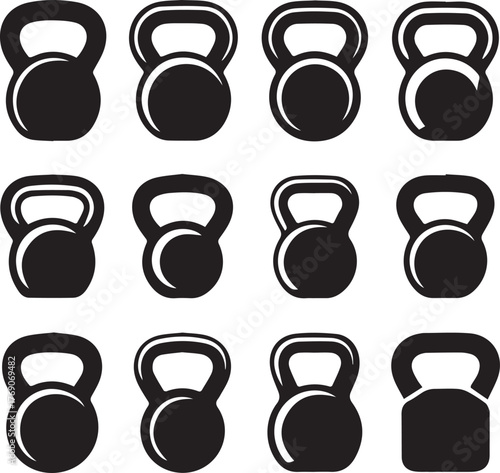 Twelve black kettlebell icons arranged in a three by four grid on a white background weight fitness