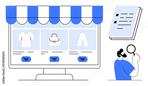 Computer monitor with e-store showcasing apparel, documents symbolizing research, customer exploring with magnifier. Ideal for e-commerce, research, retail, online business, customer behavior
