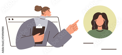 Woman holding clipboard pointing to online profile picture within browser window frame. Ideal for recruitment, HR, online registration, networking, profile management, virtual meetings, simple flat