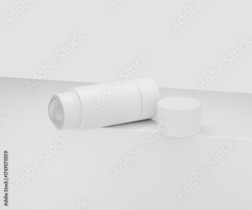 Blank white deodorant stick with open cap for product mockup. 3d illustration