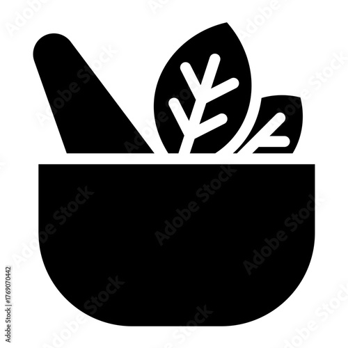 mortar and pestle with green herbs for medicine icon