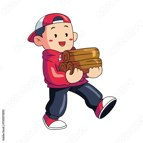 Smiling Boy Carrying Firewood Campfire