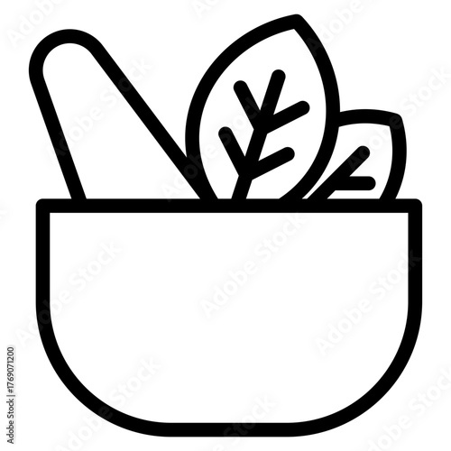 mortar and pestle with green herbs for medicine icon