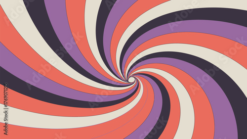 A swirling vortex of purple, orange, cream, and dark purple stripes converging to a central point