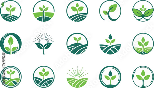 Collection of circular logos and icons featuring growing plants and green fields