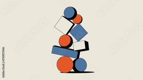 A stack of geometric shapes including circles squares and rectangles in blue orange and white color palette