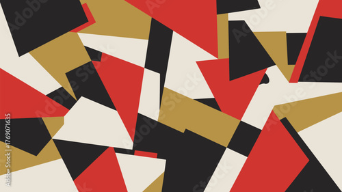 Abstract geometric pattern with red black gold and white triangles and other shapes scattered randomly