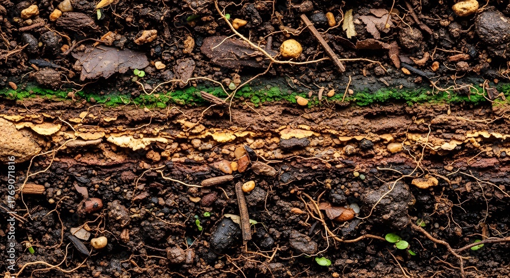 Obraz premium Crosssection of rich dark soil showing layers of earth, roots, and organic matter with a hint of green moss