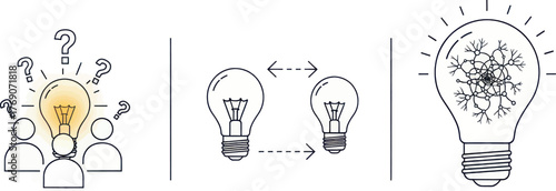 Three conceptual illustrations group of people with a lightbulb idea, two lightbulbs showing communication, and a lightbulb with snowflake