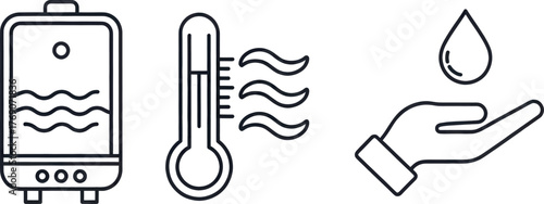 Humidifier, thermometer, and hand with water drop icons, representing humidity, temperature, and hydration