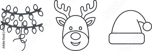 Collection of three simple line art icons for christmas string lights, reindeer face, and santa hat