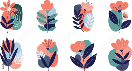 A set of abstract floral and botanical elements with organic shapes and a modern, minimalist aesthetic in a muted color palette