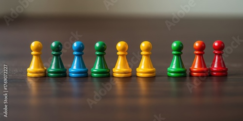 Colorful Pawns: A close-up shot of a diverse collection of vibrant pawns, neatly arranged on a smooth, inviting surface, each one a unique hue in a harmonious array.