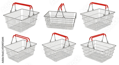 Illustration of six metal shopping basket with red handle isolated on transparent background