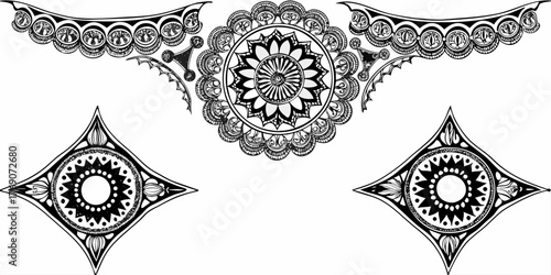 Detailed black and white mandala design with floral elements and geometric shapes symmetrically arranged