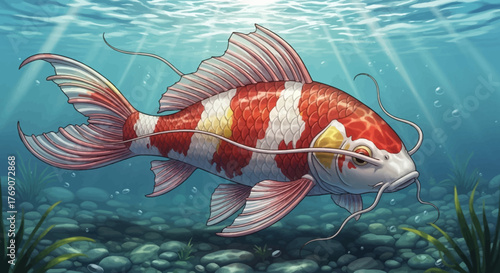 Colorful Koi Fish Swimming Underwater with Flowing Fins and Whiskers.