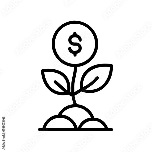 Line art illustration of a plant growing from coins with dollar sign  