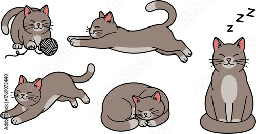 Adorable cartoon cats in various poses playful and relaxed cute feline friends.