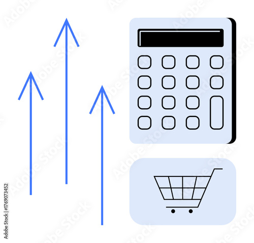 Blue upward arrows, a calculator, and a shopping cart visualize success, finance, and e-commerce growth. Ideal for sales, business strategy, data analysis, online shopping finance tracking success