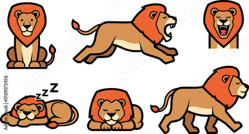 Cartoon Lions in Various Poses: Roaring Sleeping Walking and Sitting.
