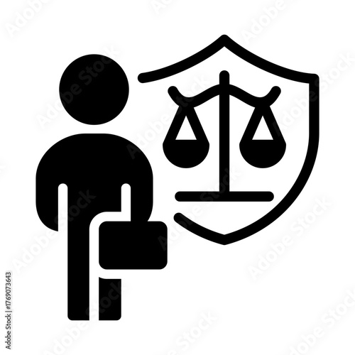 Lawyer or Legal Professional with Justice Shield Icon. Black Glyph Vector Symbol Representing Legal Protection, Defense, Insurance, and Law Services, Ideal for Attorneys, Consultants, and Legal Aid