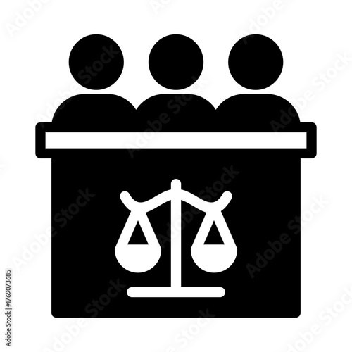 Panel of Judges or Jury at a Bench with Justice Scales Icon. Glyph Vector Symbol for Courtroom Proceedings, Legal Arbitration, Verdicts, and Group Decision Making, Ideal for Law or Governance Concepts