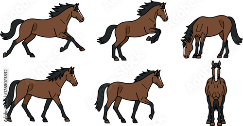 Collection of Brown Horses in Various Poses on White Background.