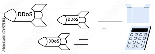 Three labeled missiles with DDoS head toward a firewall and calculator, signifying distributed denial-of-service attacks. Ideal for cybersecurity, data theft, online safety, IT threats, risk