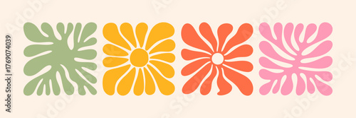 Groovy abstract flower art set featuring organic doodle shapes in a trendy naive retro hippie 60s and 70s style. Floral botanic vector illustration in pink, yellow, and orange colors.