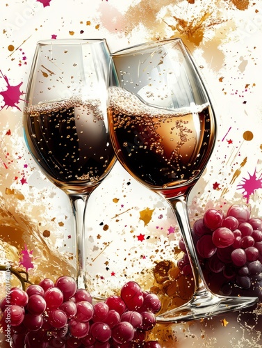 Cheers to Flavor: Two elegant wine glasses, filled with a rich crimson liquid, stand in a setting, accompanied by a cluster of juicy grapes, inviting the viewer to savor the sensory experience.