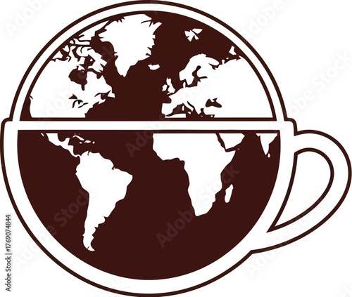 Coffee cup with world map inside representing global coffee trade and culture