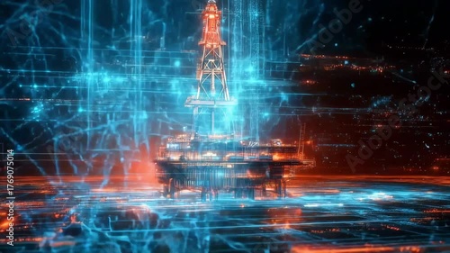 Futuristic oil platform surrounded by glowing digital data streams representing modern exploration