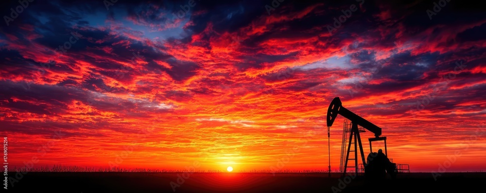 Fototapeta premium Silhouette of oil pump jack against sunset sky concept. An oil pump silhouetted against a vibrant sunset sky.