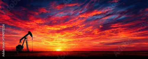 Silhouette of oil pump jack against sunset sky concept. Silhouette of an oil pump against a vibrant sunset sky.