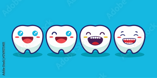 Four happy cartoon tooth characters with different smiling expressions on bright blue background