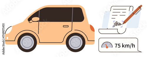 Small car with odometer reading 75 kmh, next to a signed document. Ideal for traffic laws, transportation, safety, driving exams, speed limits, road management, simple flat metaphor