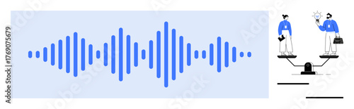 Blue soundwave at center paired with two individuals weighing ideas and strategies on scales. Ideal for technology, justice, audio analysis, equality, innovation, decision-making, abstract modern