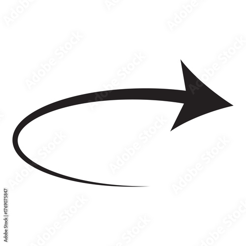 Semicircular thin arrow. Rounded curved shape. The semi circle arrow is moving and flies along a circular trajectory and path. Vector symbol. Isolated Illustration on white background.