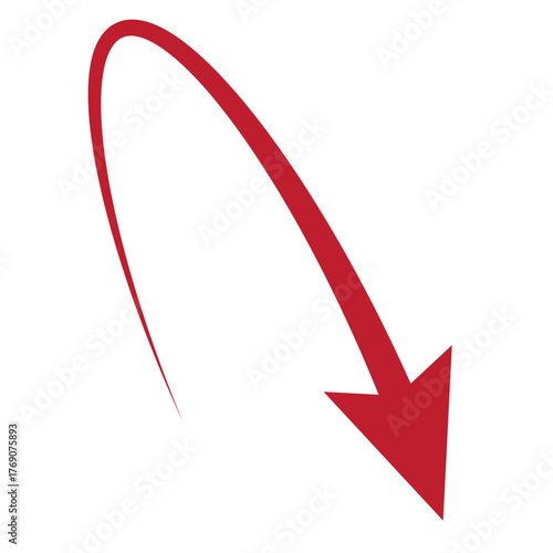 Semi circular thin red arrow. Rounded curved shape. The semi circle arrow is moving and flies along a circular trajectory and path. Vector symbol. Isolated Illustration on white background.
