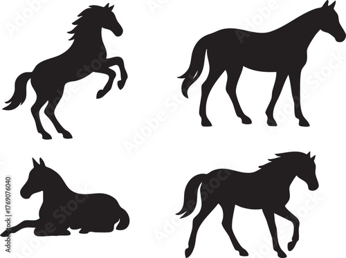 Horse silhouette, standing horse silhouette, reclining horse silhouette, galloping horse silhouette

