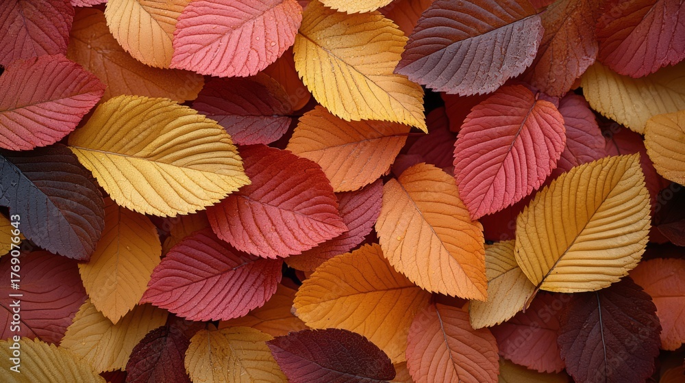 Fototapeta premium Autumn Leaves in Vivid Hues: An up-close view of a vibrant collection of fallen autumn leaves, each displaying a unique shade and texture. A celebration of seasonal change and natural beauty.