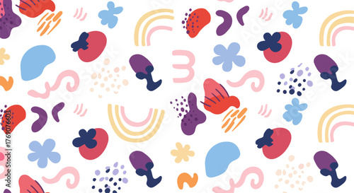 playful pattern featuring strawberries flowers and rainbows on a white backdrop great for childrens decor and springtime designs.